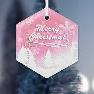 Pink White Snow House Merry Christmas  Glass Tree Decoration