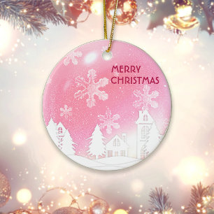 Pink White Snow House Merry Xmas New Year Ceramic Tree Decoration