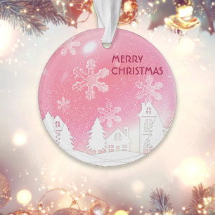 Pink White Snow House Merry Xmas New Year Ornament