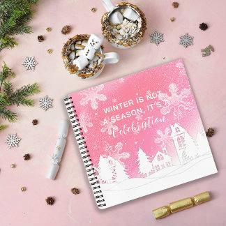 Pink White Snow House Snowflakes Winter Quote Notebook