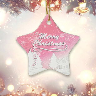 Pink White Snow House Xmas New Year Ceramic Tree Decoration