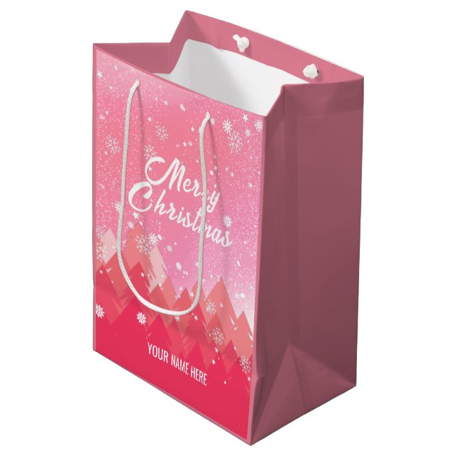 Pink White Snow Peaceful Forest Christmas New Year Medium Gift Bag (Front Angled)