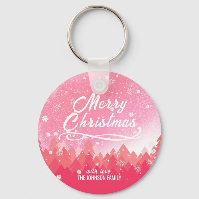 Pink White Snow Peaceful Forest Merry Christmas Key Ring (Front)