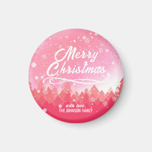 Pink White Snow Peaceful Forest Merry Christmas Magnet