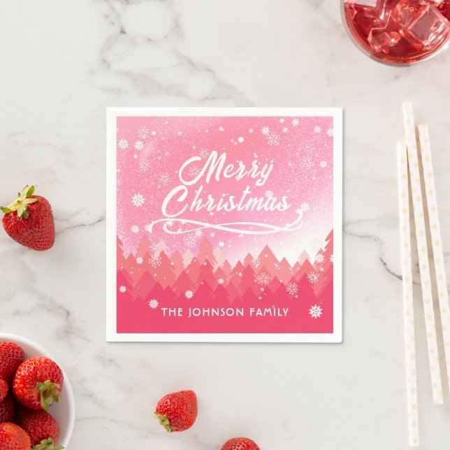 Pink White Snow Peaceful Forest Merry Christmas  Napkin (Insitu)