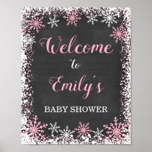 Pink White Snowflake Girl Baby Shower Welcome Sign