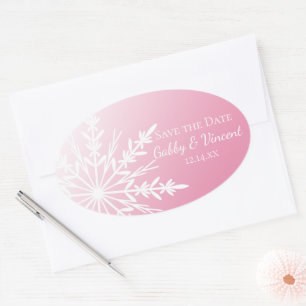 Pink White Snowflake Winter Wedding Save the Date Oval Sticker