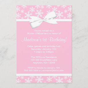 Pink White Snowflakes Bow Winter ONEderland Invitation