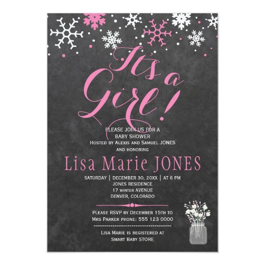 Pink white snowflakes chalkboard girl baby shower card