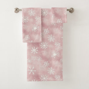 Pink White Snowflakes Christmas Bath Towel Set