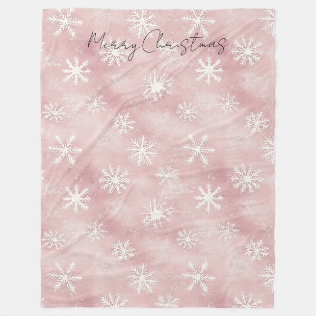 Pink White Snowflakes Christmas Fleece Blanket (Front)