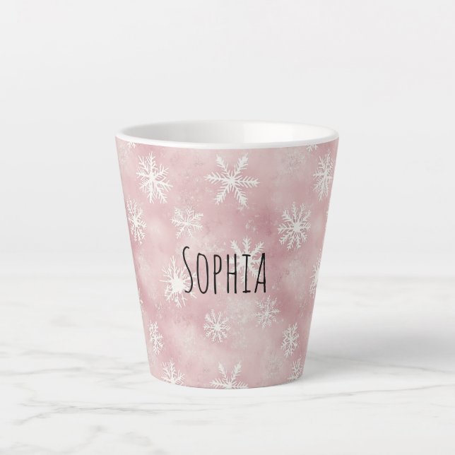 Pink White Snowflakes Christmas Latte Mug (Front)