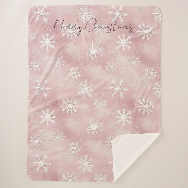 Pink White Snowflakes Christmas Sherpa Blanket (Front)