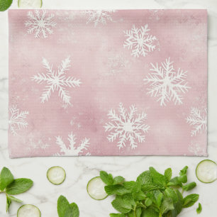 Pink White Snowflakes Christmas Tea Towel