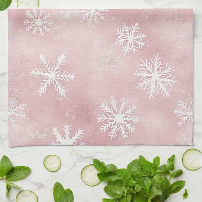 Pink White Snowflakes Christmas Tea Towel (Folded)