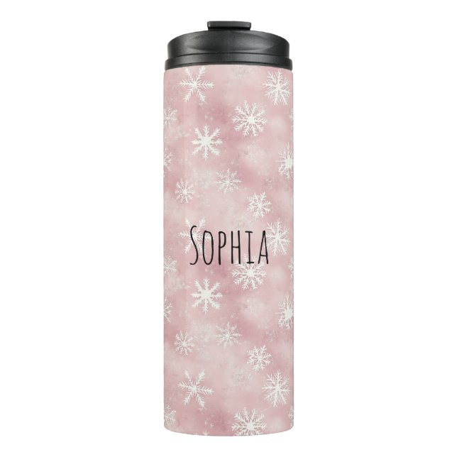 Pink White Snowflakes Christmas Thermal Tumbler (Front)