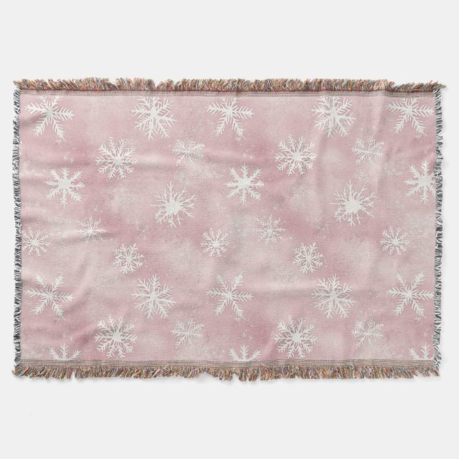 Pink White Snowflakes Christmas Throw Blanket (Front)