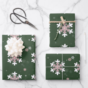 Pink White Snowflakes Green Wrapping Paper Sheet