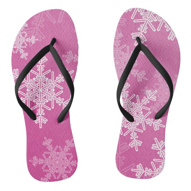 Pink White Snowflakes Minimalist Christmas Flip Flops (Footbed)