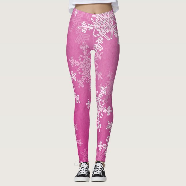 Pink White Snowflakes Minimalist Christmas Leggings (Front)