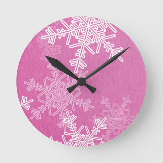 Pink White Snowflakes Minimalist Christmas Nam Round Clock (Front)