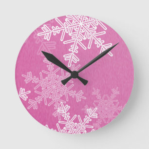 Pink White Snowflakes Minimalist Christmas Nam Round Clock