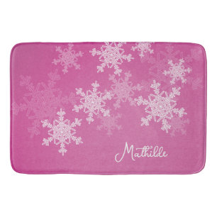 Pink White Snowflakes Minimalist Christmas Name Bath Mat