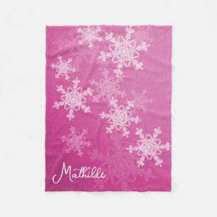 Pink White Snowflakes Minimalist Christmas Name Fleece Blanket