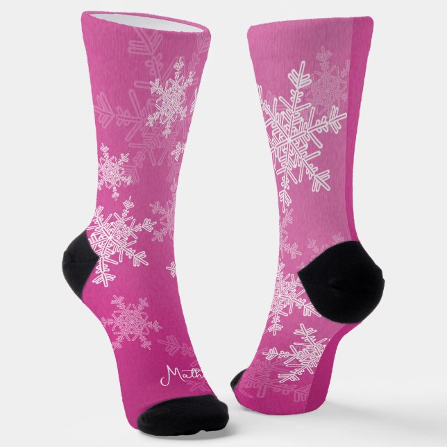 Pink White Snowflakes Minimalist Christmas Name Socks (Angled)