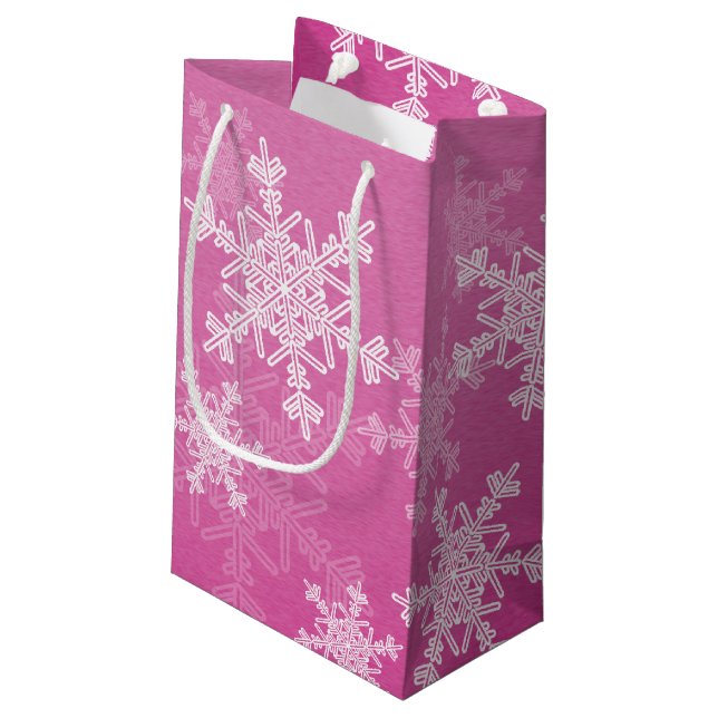 Pink White Snowflakes Minimalist Christmas Small Gift Bag (Back Angled)