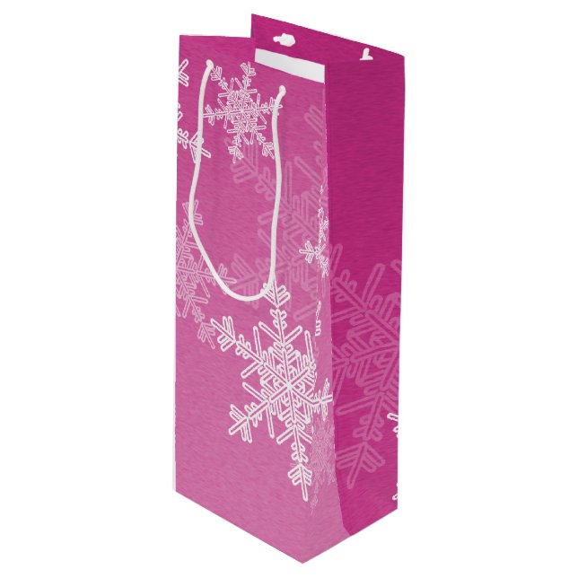 Pink White Snowflakes Minimalist Christmas Wine Gift Bag (Front Angled)