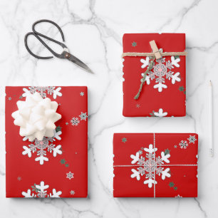 Pink White Snowflakes Red Wrapping Paper Sheet
