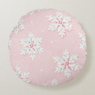 Pink White Snowflakes Stripes Christmas Round Cushion
