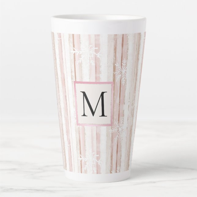 Pink White Snowflakes Stripes Monogram Latte Mug (Front)