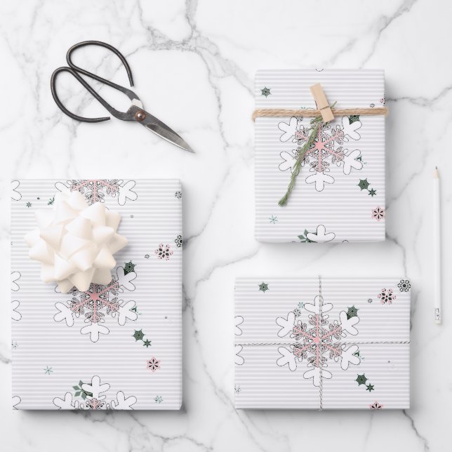 Pink White Snowflakes Stripes  Wrapping Paper Sheet (Front)