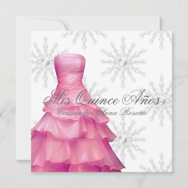 Pink White Snowflakes White Quinceanera Invitation (Front)