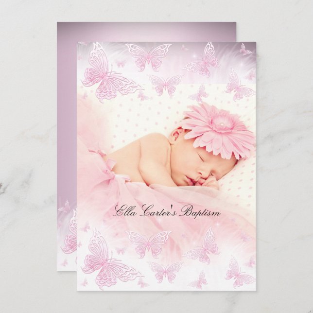 Pink White Sparkle Butterfly Baptism Christening Invitation (Front/Back)