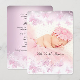 Pink White Sparkle Butterfly Baptism Christening Invitation