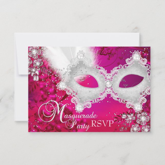 Pink White Sparkle Mask Masquerade Party RSVP (Front)
