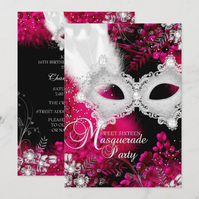Pink & White sparkle Mask Masquerade Sweet 16 Invitation (Front/Back)