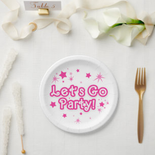 Pink & White Sparkle Stars Let's Go Party Birthday Paper Plate