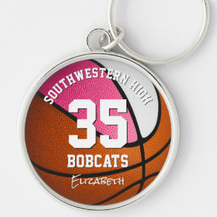 pink white sports team name girls basketball key ring