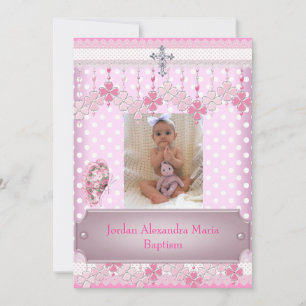Pink White Spot Photo Frame Cross Baptism 2 Invitation