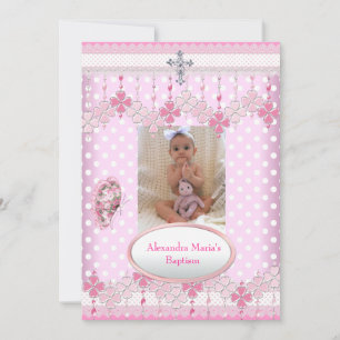 Pink White Spot Photo Frame Cross Baptism 3 Invitation