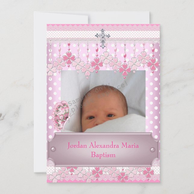 Pink White Spot  Photo Frame Cross Baptism Invitation (Front)