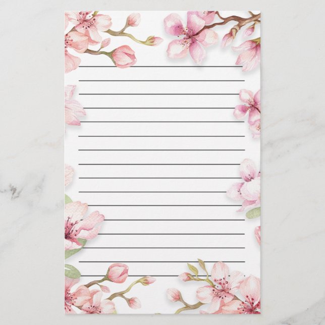 Pink White Spring Floral Lined Stationery (Front)