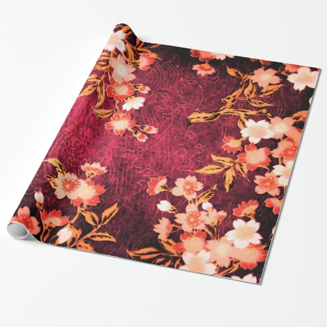 PINK WHITE SPRING FLOWERS ,ANTIQUE RED FLORAL WRAPPING PAPER (Unrolled)