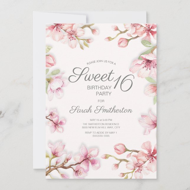 Pink White Springtime Floral Sweet 16 Birthday Invitation (Front)