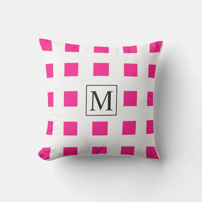 Pink White Squares Geometric Patterns Monogram Cushion (Front)