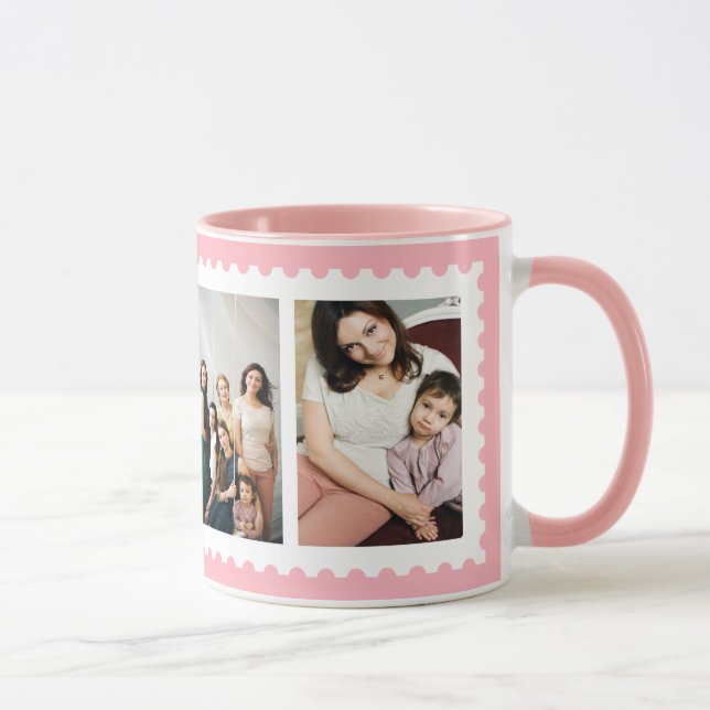 Pink White Stamp Frame 4 Family Photo Mug (Right)